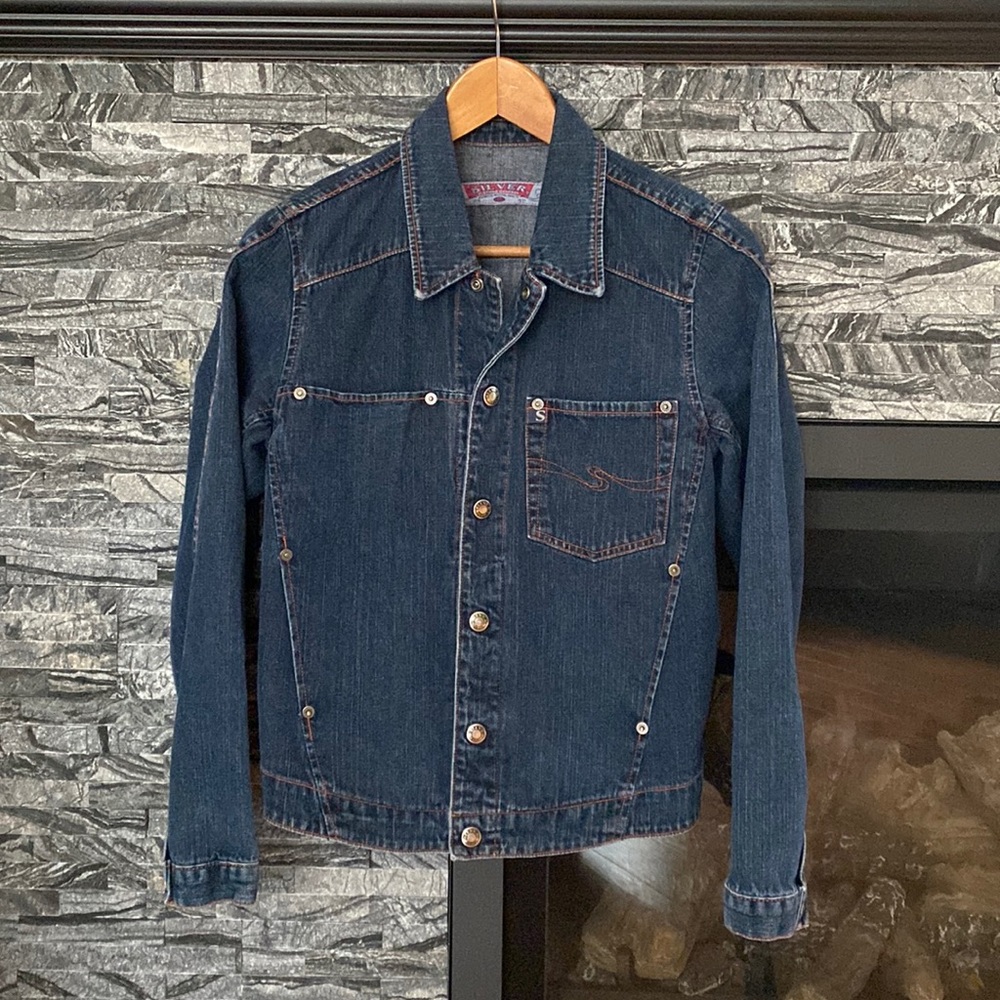 Silver Jean Jacket, 2 front drop in pockets, 2 side pockets, Dark Blue W…